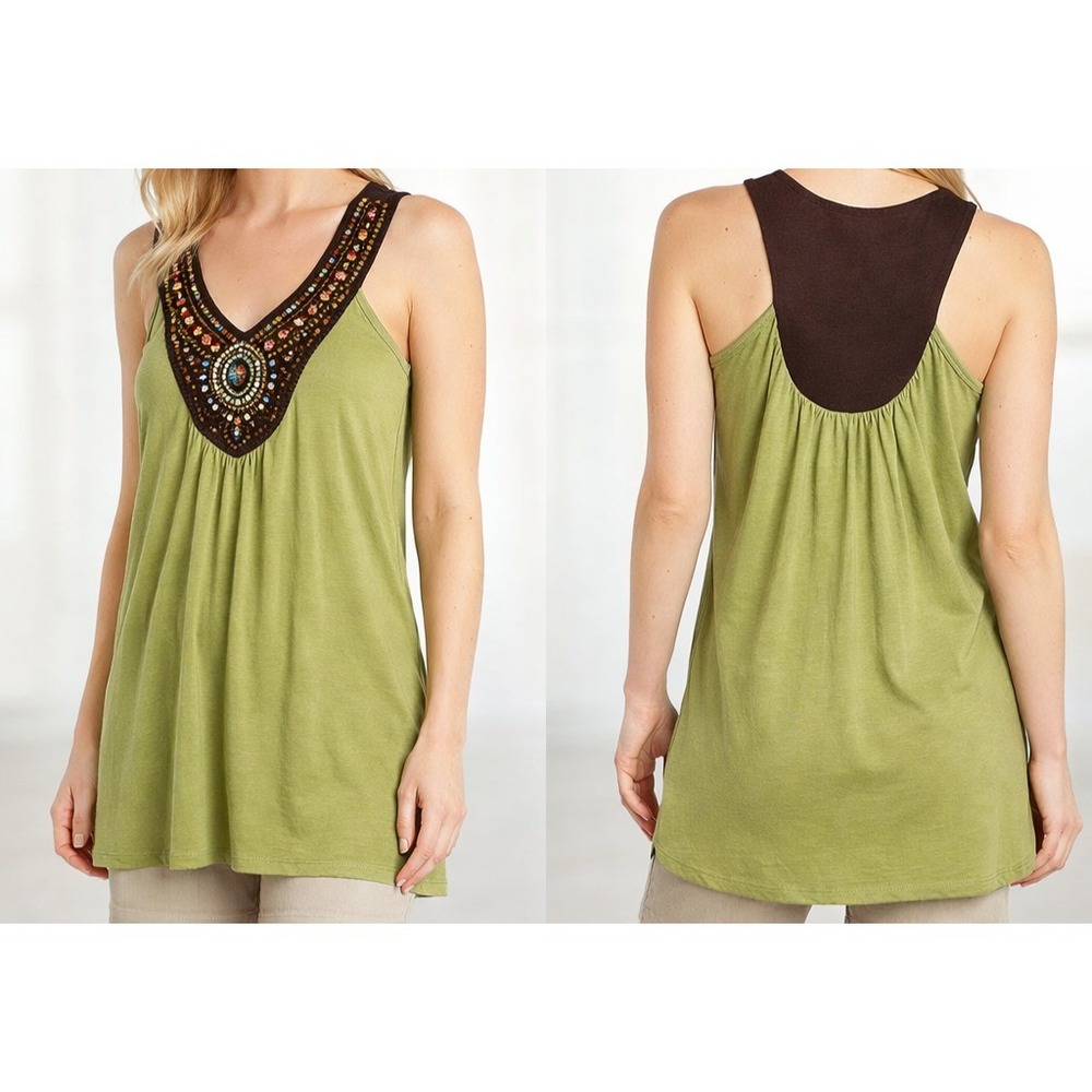 Soft Surroundings Beaded Embellished Boho Tunic Top Green‎ Relaxed Fit SZ Small